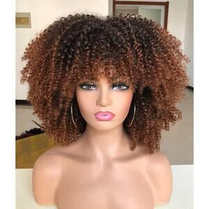 Short Curly Afro Wig With Bangs for Black Women Kinky Curly Hair Ombre Brown